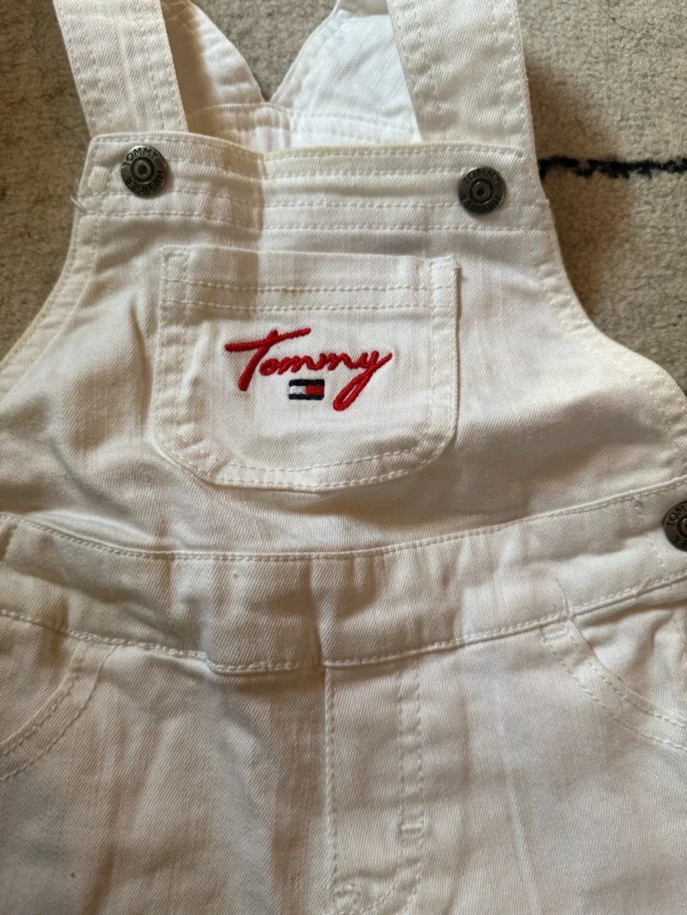 Tommy Hilfiger White Denim Overalls with Red Script and Navy Stripe